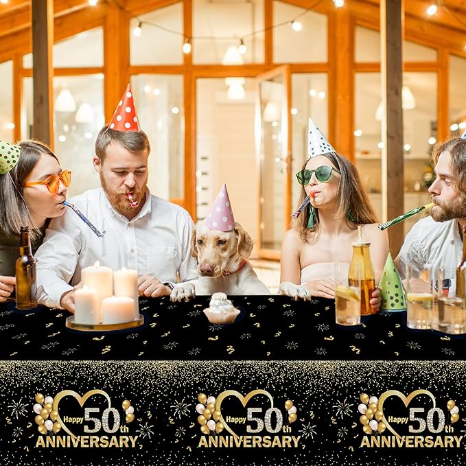 3pcs Happy 50th Anniversary Tablecloths Black Gold Table Covers 50th Wedding Anniversary Party Supplies for Parents Cheer to 50 Years Party Decorations and Plastic Disposable Favors,108*54 inch