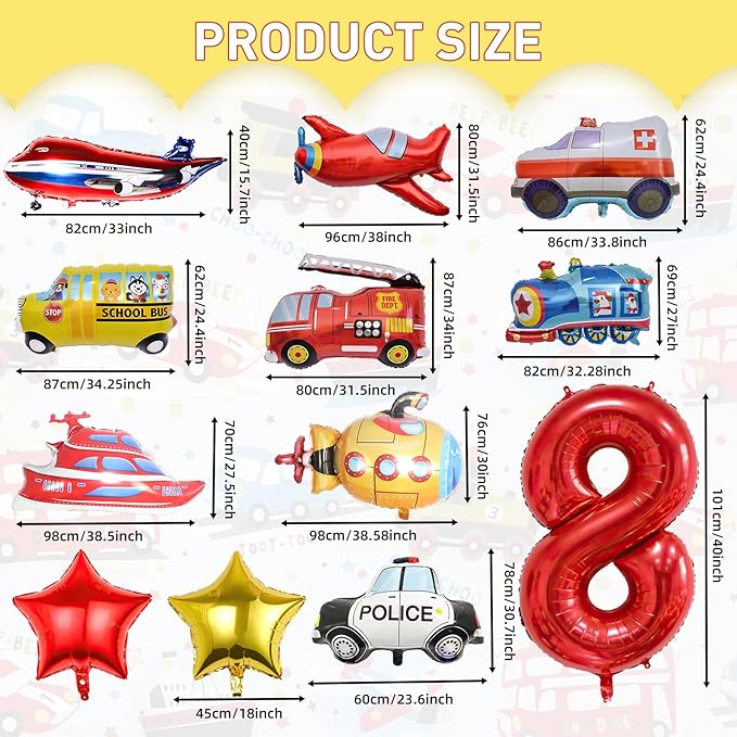 12pcs Transportation Balloons, Truck Plane School Bus Fire Truck Police Car Ship Ambulance Submarine Foil Balloon, Transportation 8th Birthday Vehicles Theme Party Supplies Decorations (8th)