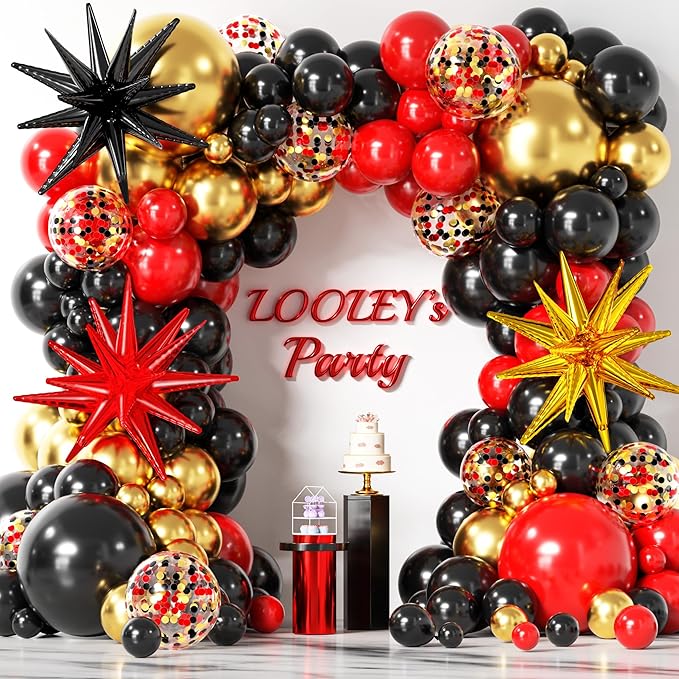 137Pcs Red Black Gold Balloons Garland Arch Kit with Stars - 5 10 12 18 inch Red Black Gold Confetti Latex Balloons for Graduation Hollywood Casino Theme Party Decorations