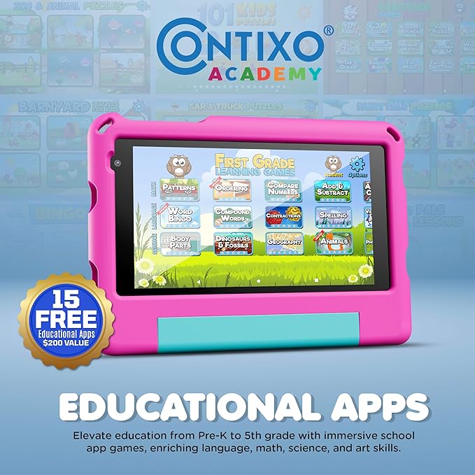 Contixo A7 Kids Tablet with 14 Apps, Lingokids & Epic, 7" HD Screen, Android 15, Parental Controls, WiFi, 3+32GB Storage, al Tablet for Kids Ages 3-12, Boys & Girls Gift, Pink