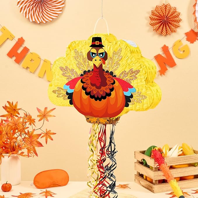 WERNNSAI Thanksgiving Turkey Piñata - Fall Autumn Decorations Gentle Turkey Piñata Orange Thanksgiving Party Games Autumn Decorations for Home Fall Festival Party Favors with Blindfold