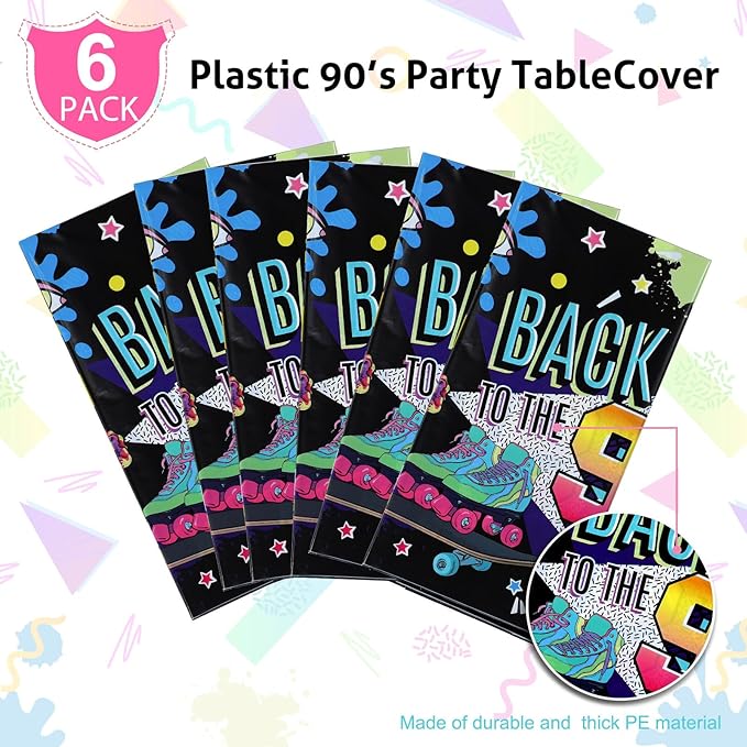 Tegeme 6 Pcs 90s Plastic Party Table Cover Back to The 90's Tablecloth 90s Birthday Party Decoration The 90's Hip Hop Supplies Throwback Birthday Decor for Room Kitchen 54 x 108 Inch