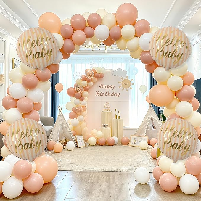18" Hello Baby Foil Balloons for Welcome Baby Party Decorations, 4pcs Light Pastel Orange Cream Mylar Balloons, Peach Beige Gold Balloon for Gender Neutral Baby Shower Sip and See Party Decor Supplies
