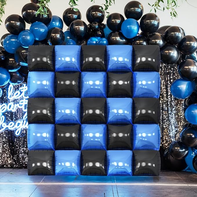 Black Blue Square Foil Balloon Wall,25Pcs Double Sided Foil Balloons Backdrop Helium Polyester Tunnel Arch Garland Kit for Birthday Bridal Anniversary Baby Shower Party Decorations