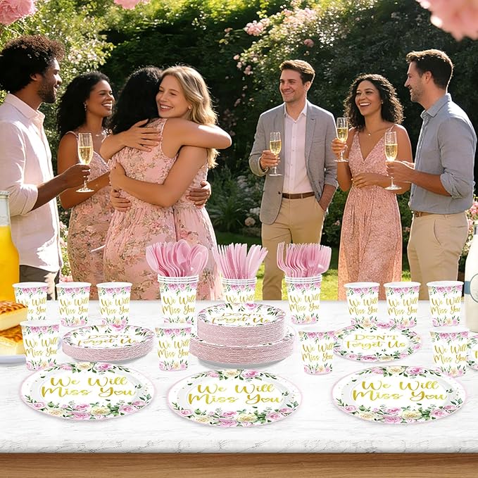 168Pcs We Will Miss You Party Decorations Pink Floral Farewell Plates Cups and Napkins Tableware Set Rose Gold Flowers Decorations for Spring Going Away Goodbye Retirement Party Supplies Serves 24