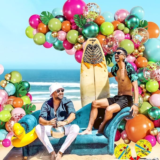 Tropical Luau Balloon Arch Kit 146Pcs Hot Pink Pearl Pink Green Blue Orange Gold Metallic Green Confetti Balloons with Palm Leaves for Summer Tropical Luau Hawaiian Theme Party Decorations