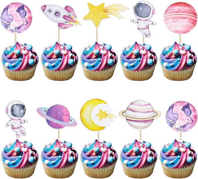 Ephlyn 36Pcs Space Astronaut Cupcake Toppers Space Girl Moon Star Rocket Planet Cupcake Toppers Earth Planet Cupcake Picks Space Theme Gender Reveal Birthday Shower Party Supplies Pink