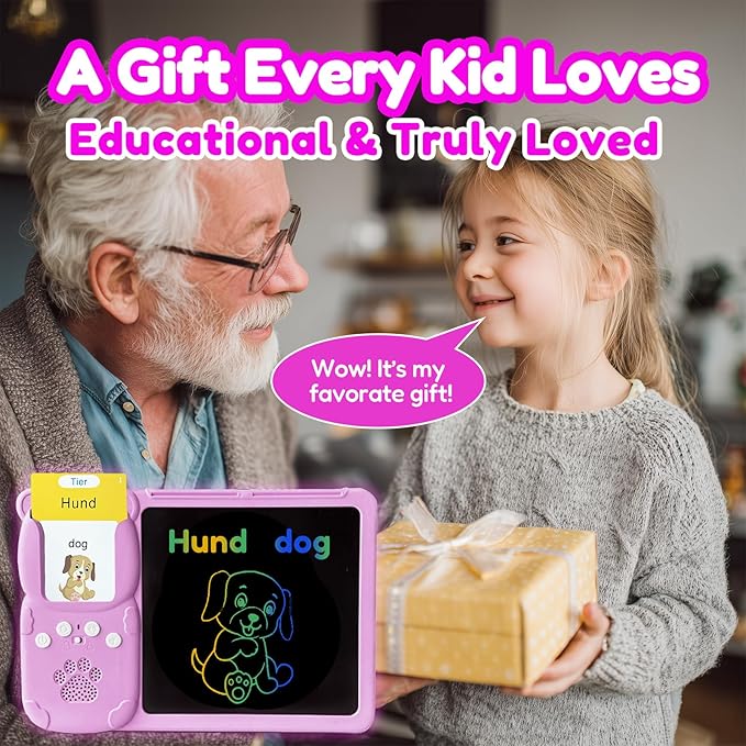 Drawing Tablet with Bilingual Flashcards for Kids - German English Talking Flash Cards, LCD Writing Pad Board, Pocket Speech for Toddlers, Learning Toy Gift for Boys Girls (German, Pink)