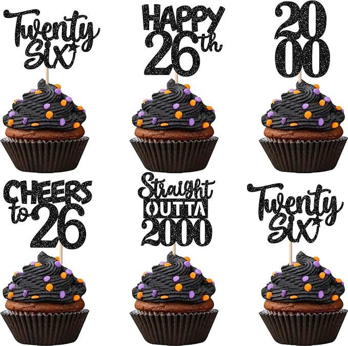 30PCS Black 26th Birthday Cupcake Toppers Glitter Twenty Six Happy 26th Straight Outta 2000 Cupcake Picks for Cheers to 26 Years Birthday Wedding Anniversary Party Cake Decorations Supplies