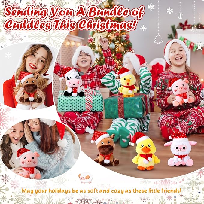 6 Pcs 7 Inch Large Farm Animals Bulk with Red Hat & Scarf Horse Sheep Cow Duck Chick Pig Stuffed Animals Toys for Woodland Baby Showers Party Decor Birthday Gifts Classroom Prize