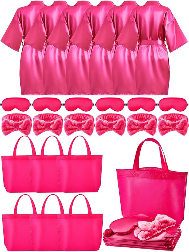 Sintuff 24 Pcs Sleepover Party Supplies for Girls 6 Spa Robes for Girls Slumber Party 6 Tote Bags 6 Headbands 6 Spa Masks