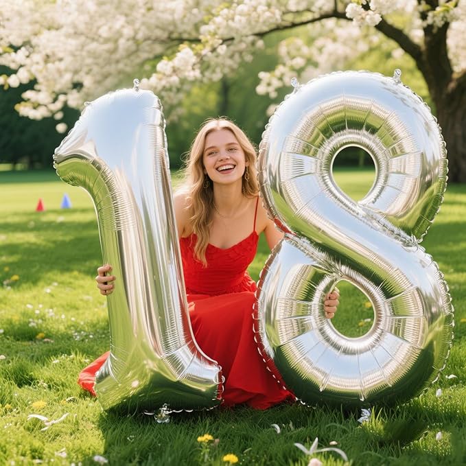 40 Inch Silver Number 18 Digital Balloon,Jumbo Mylar Foil Helium Balloon for 18 Balloons for Birthday Party,Wedding Anniversary Party Decorations