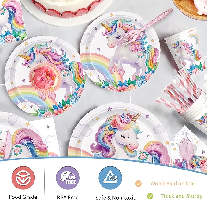 192pcs Unicorn Plates Napkins Unicorn Birthday Party Supplies Disposable Paper Cups Straw Tableware Set Pink Knives Forks Spoons Girls Birthday Party Decorations 24 Guests