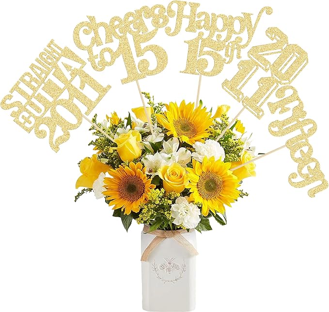 Gyufise 15Pcs Happy 15th Birthday Centerpiece Sticks Fifteen Straight Outta 2011 Table Flower Centerpieces Sticks for Cheers to 15th Birthday Party Supplies Gold
