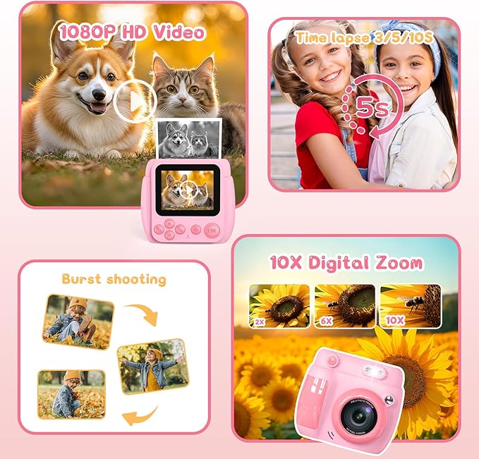 Kids Camera Instant Print, Birthday Gifts for Girls Boys with 3 Rolls Print Paper & 32GB Card, 48MP Toddler Digital Camera 1080P HD Video Toys Cameras for Kids 3-12, Pink