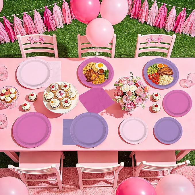96Pcs Purple Pink Birthday Party Decoration Light Plates and Napkins Hot Pink and Purple Disposable Paper Tableware Set for Girls Birthday Bridal Baby Shower Wedding Party Supplies Serves 24