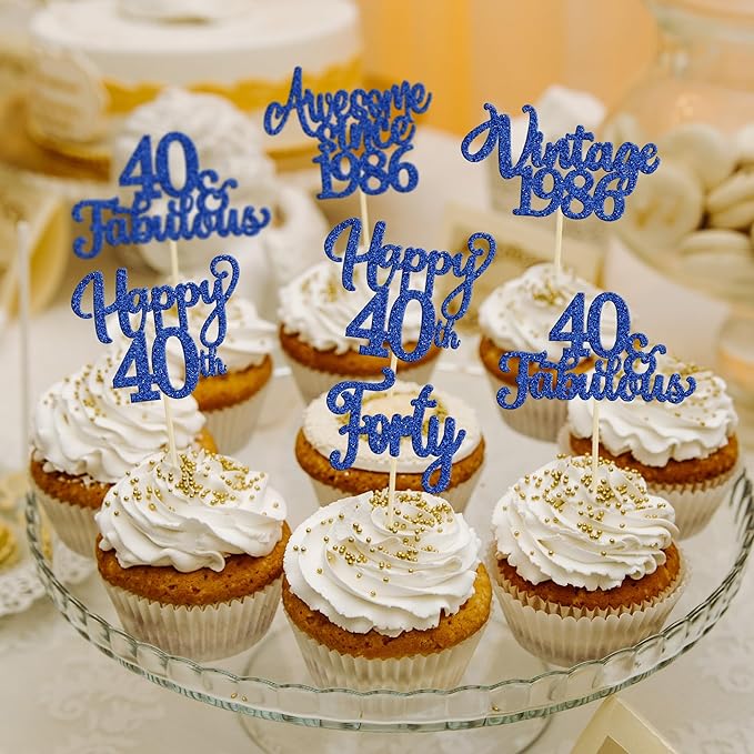 Ephlyn 30Pcs Happy 40th Birthday Cupcake Toppers Glitter Forty Vintage 1986 Cupcake Picks Cheers to 40 Fabulous Cake Decorations for 40th Birthday Wedding Anniversary Party Supplies Dark Blue