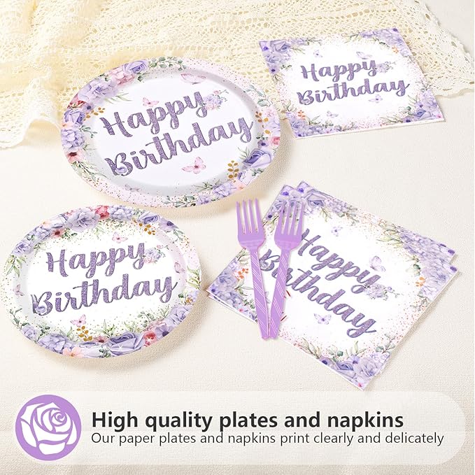 96Pcs Purple Floral Birthday Party Decorations Spring Purple Flowers Birthday Plates and Napkins Sets Flower Butterfly Decorations for Women Girls Lady Rose Shower Party Supplies Serves 24