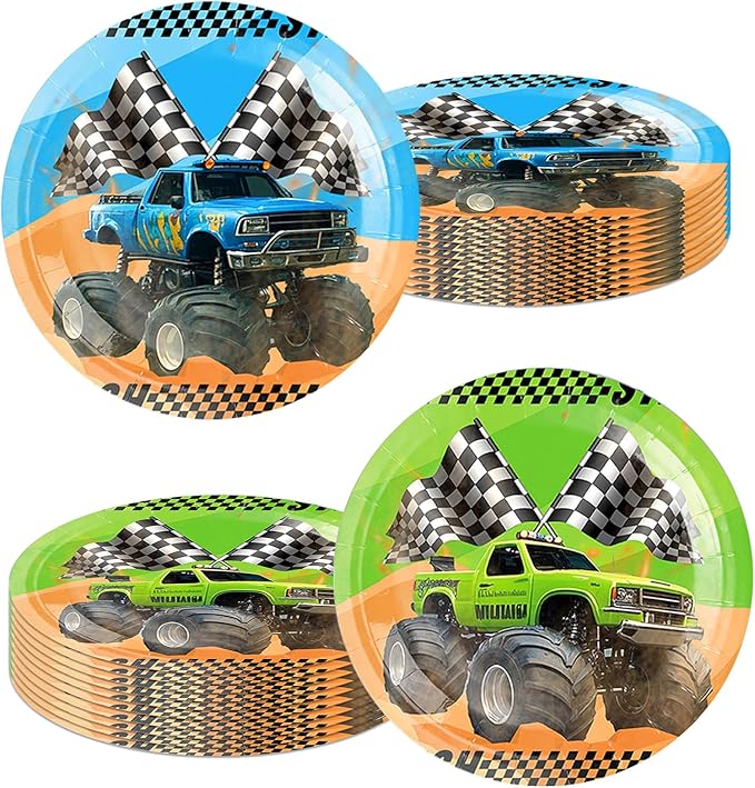 20Pcs 9Inch Monster Truck Plates Monster Truck Party Decorations Machines Jam Theme Tableware Paper Plate Set Disposable Dessert Plates,for Boys Truck Themed Birthday Party Decorations Supplies