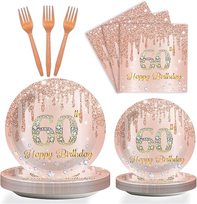 ZOIIWA 96 Pieces 60th Birthday Party Tableware Set for Pink Rose Gold 60th Paper Table Decorations Supplies Pink Rose Gold Happy 60 Birthday Dessert Plates Napkins Forks for 24 Guests Women Supplies
