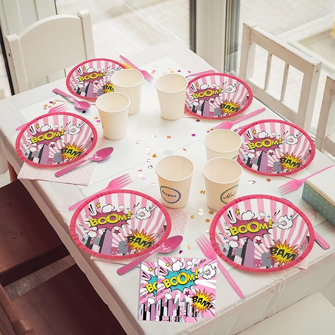 96 Pcs Super Girl Hero Plates and Napkins Party Supplies Pink Comic Heroes Tableware Set Super Theme Hero Party Decorations Favors for Girl Birthday Baby Shower Serves 24