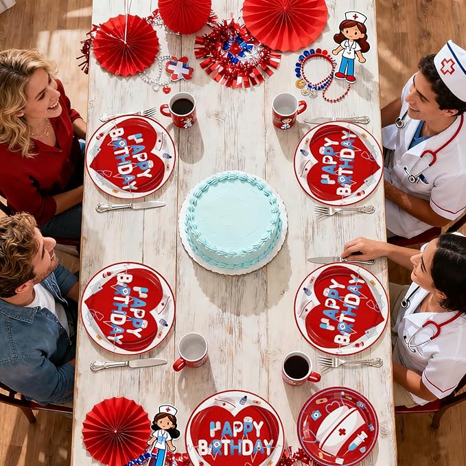 96Pcs Nurse Happy Birthday Party Decoration Red and Blue Plates and Napkins Medical RN Themed Tableware Set for Medical RN Nurse Birthday Graduation Baby Shower Party Supplies, Serves 24