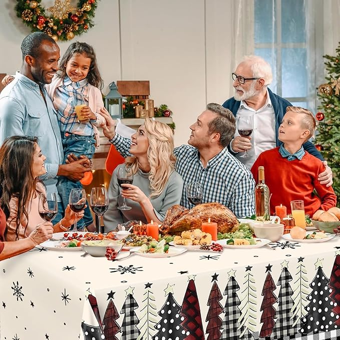 3PCS Christmas Tablecloth, Black Buffalo Plaid Plastic Tablecloths for Rectangular Tables, Winter Christmas Tree and Snowflake Disposable Table Cover for Party Picnic Dinner Decor, 51.2x 86.6inch