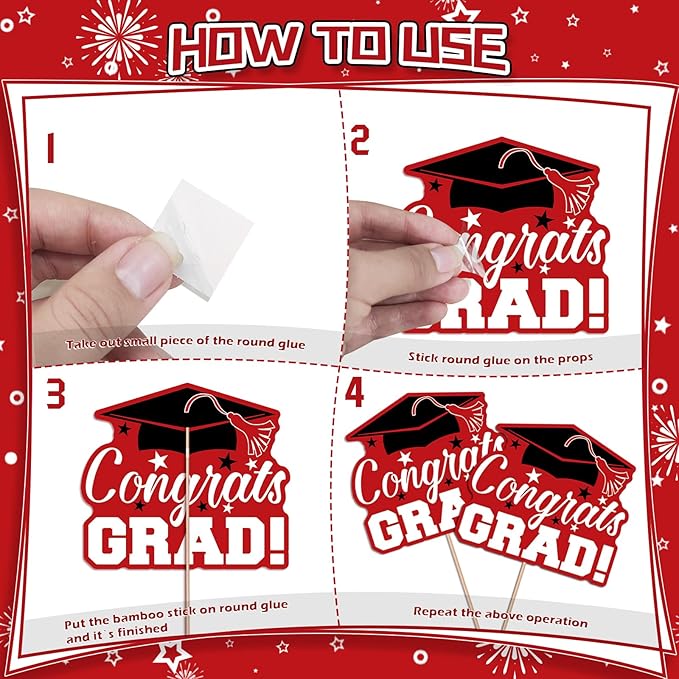 24Pcs Graduation Party Decorations Class of 2026, Graduation Centerpieces for Tables, 2026 Congrats Grad Party Centerpiece Stick Table Toppers for Graduation Party Supplies (Red)