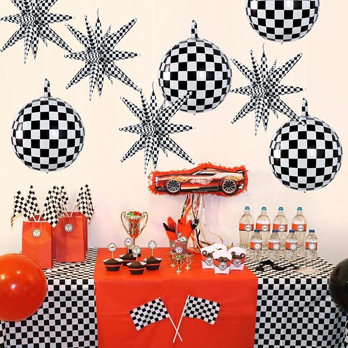 TONIFUL 8Pcs 22Inch Black Checkered Large 4D Giant Round and Star Balloons Explosion Star Mylar Balloons Set for Christmas New Year Birthday Wedding Bridal Shower Anniversary Photo Booth Supplies
