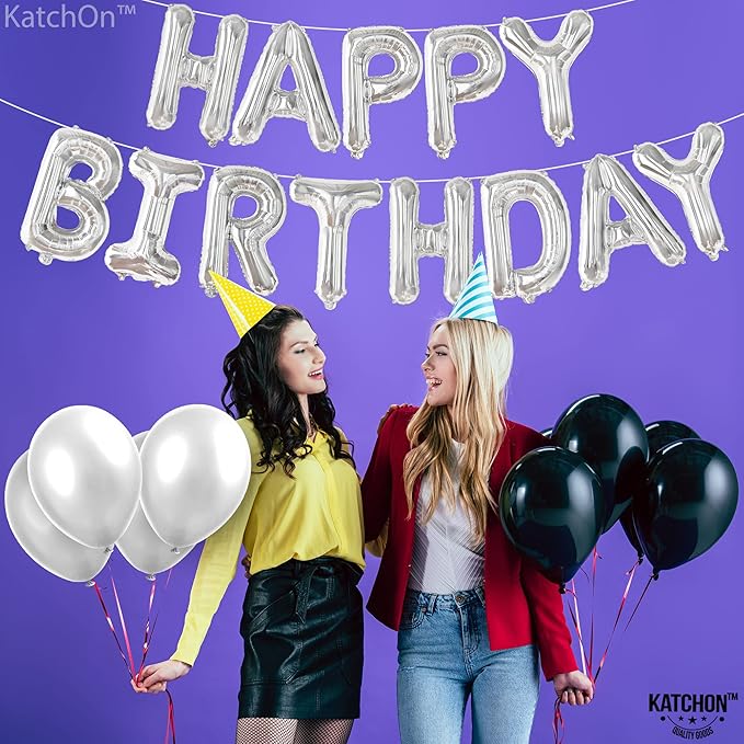 KatchOn, Silver Happy Birthday Banner Balloons Letter - 16 Inch | 3D Silver Mylar Foil Letters Balloons with Ribbon | Happy Birthday Decorations for Women Men Party Supplies