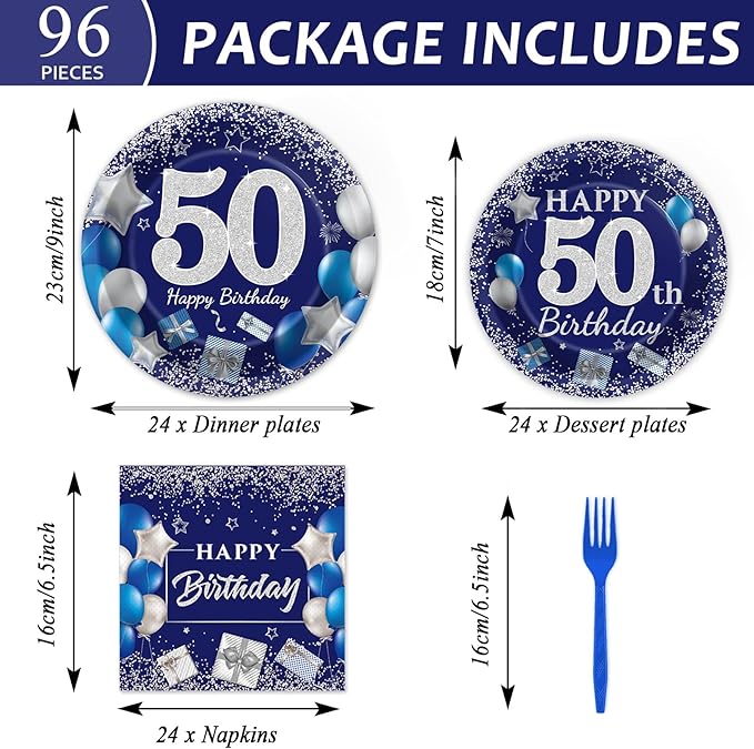 96 Pcs 50th Birthday Party Supplies - Navy Blue & Silver Plates, Napkins, Forks & Table Decorations for 24 Guests