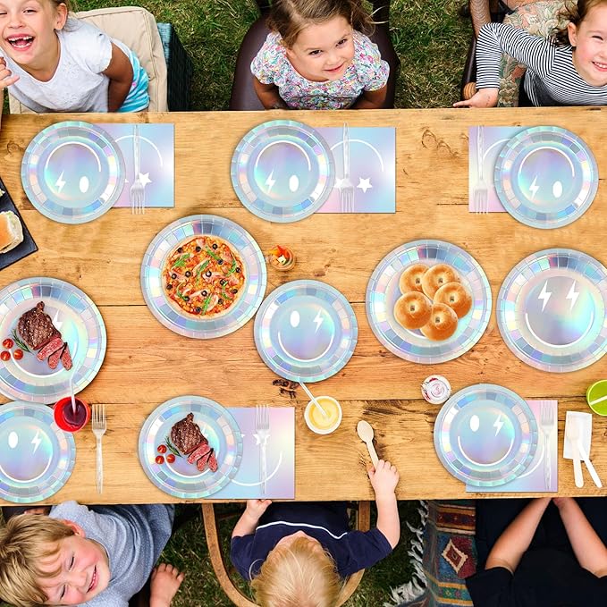 96Pcs Iridescent Party Supplies Smile Face Paper Plates Napkins Holographic Foil Laser Party Tableware Set Holographic Dinnerware for Birthday Baby Shower Decoration Serve 24