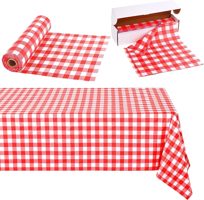Kochorie 100 Ft x 54 Inch Crawfish Party Tablecloth Roll with Cutter Box Waterproof Plastic Lobster Table Cover (Red Checkered-100, 100 Ft x 54 Inch)