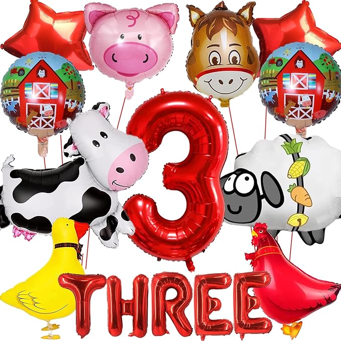 14pcs Farm Animal Balloons (Cow, Sheep, Duck, Rooster, Pig, Donkey) for 3rd Birthday Party Decor, Unisex, Children, Red
