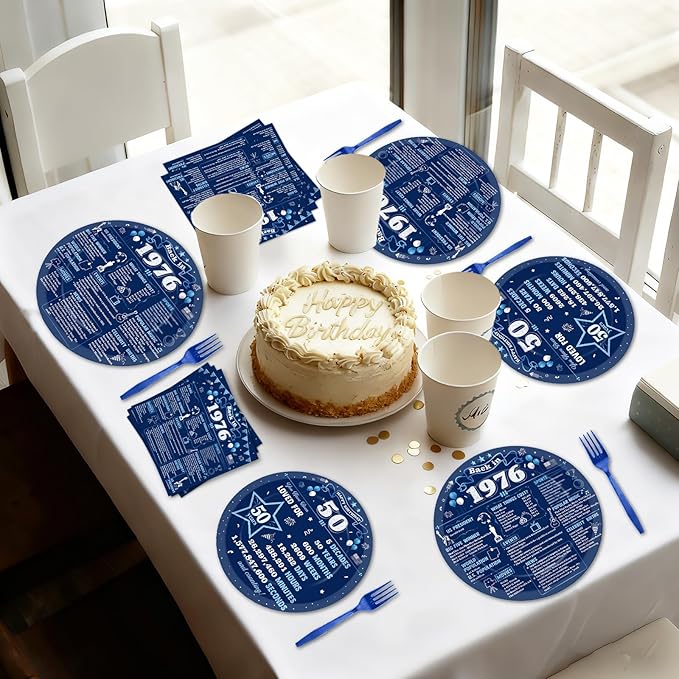 96Pcs 50th Birthday Party Paper Plates and Napkins 50th Birthday Supplies for Men and Women Disposable Dessert Plates Back in 1976 Blue Silver Tableware 1976 Birthday Gatherings Decorations