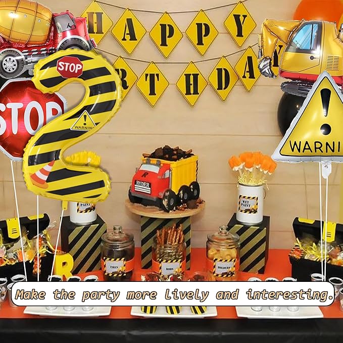 Construction Theme Party Balloons Yellow and Black Striped Balloons Birthday Party Balloons Construction Decorations Supplies for Kids' Birthday Anniversary Party (Number 2 Set)
