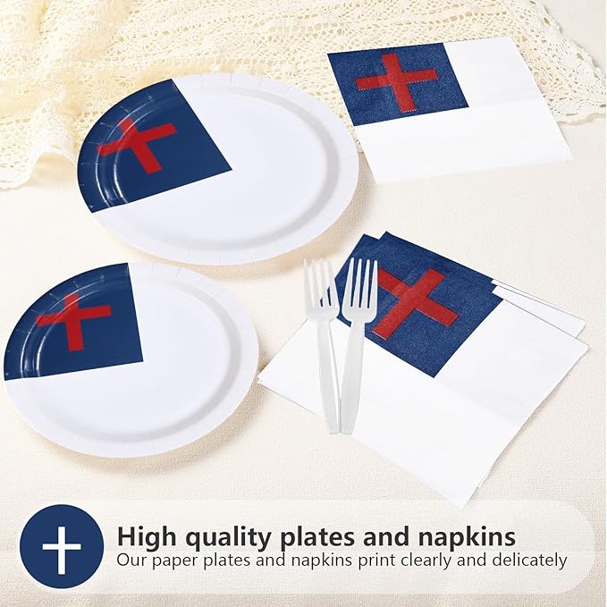96Pcs Easter Decorations Christian Jesus Flag Plates and Napkins Christian Cross Decoration Favors for Religious Christians Holy Week Christian Sunday School Baptism Easter Party Supplies Serves 24