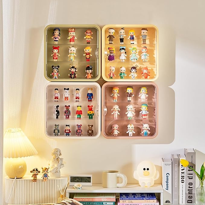 Clear Display Case for Figures, Wall Mounted Acrylic Storage Box, Dust Proof Display Cabinet Organizer for Mini Pop Mart Action Figures Collectibles (Yellow)