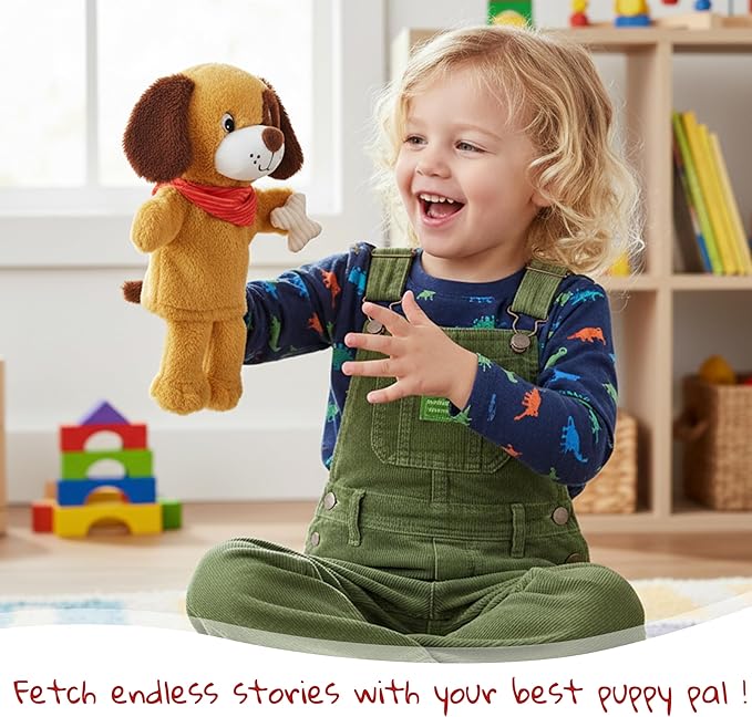June Garden Plush Dog Hand Puppet – Soft Storytelling Toy with Red Bandana & Bone – Educational Pretend Play for Toddlers and Kids