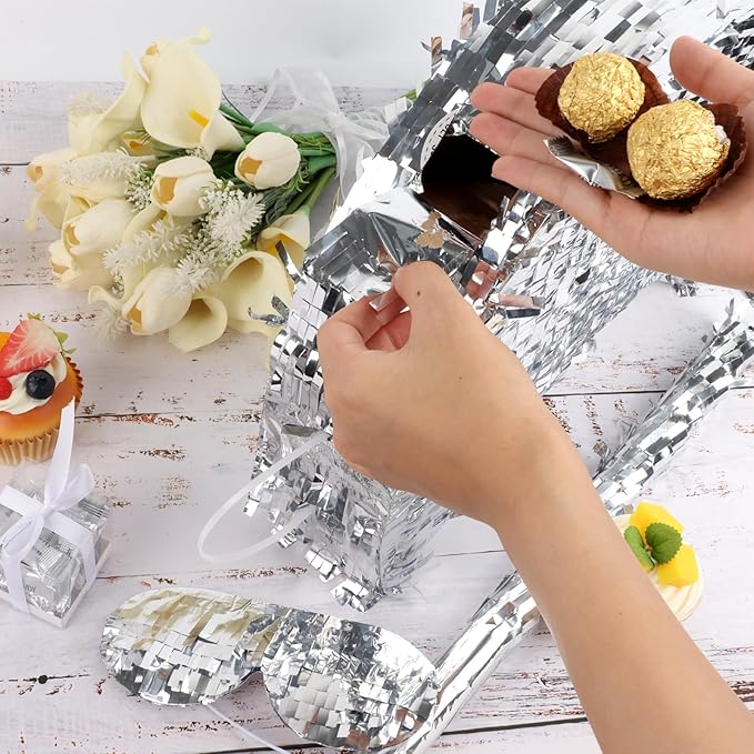Silver Foil Moon Pinata with Stick and Blindfold Pull String Moon Pinata for Kids Birthday Party Decorations Baby Shower Gender Reveal Party Supplies