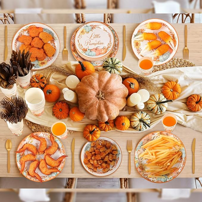 350 Pcs Fall Baby Shower Party Supplies Fall in Love with Baby Paper Plates Napkins Cups and Plastic Cutlery Party Tableware Set for Autumn Shower Birthday Decorations, Serves 50
