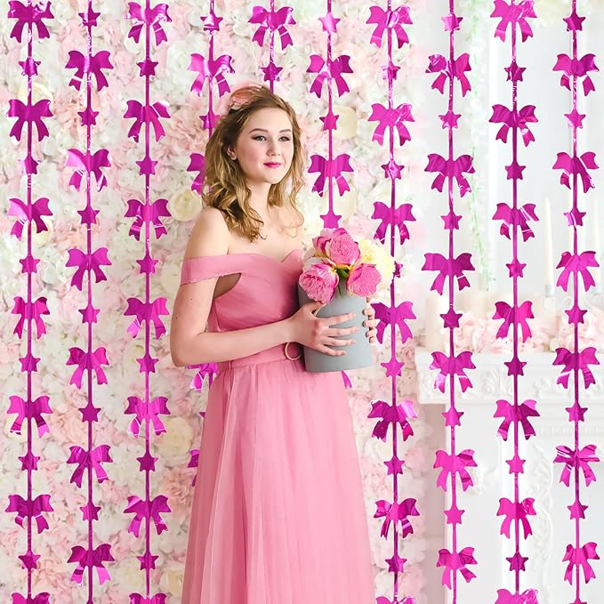 Bow Party Decorations, 2 Pack Hot Pink Birthday Party Supplies, 3.3 X 6.6 ft Foil Fringe Curtains, Pink Bow Photo Booth Props Photo Backdrop for Birthday, Bachelorette, Girls Party Decor