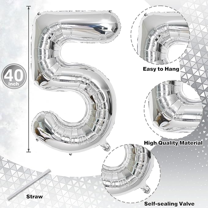 Number 15 Balloons Silver, Giant Number 1 & 5 Helium Foil Balloon for Girls 15th Birthday Decor, 40 Inch Self Inflating Mylar 15 Balloons Number for Man Women Anniversary Party Decorations Supplies