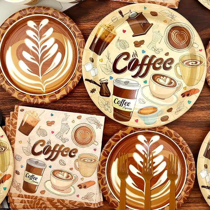 Coffee Party Supplies - Coffee Party Tableware - Dinner Plates, Dessert Plates, Napkins, Forks for Coffee Birthday Party Decorations, Baby Shower Supplies, Serves 25