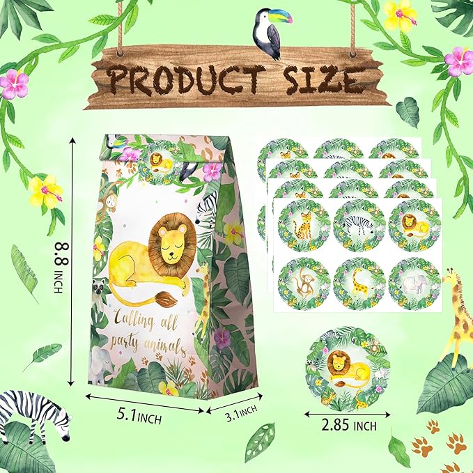 Watercolor Safari Party Favor Bags - 24 Pcs Jungle Party Candy Bags with Stickers - Jungle Goodie Gift Treat Bags - Watercolor Safari Themed Birthday Party Supplies
