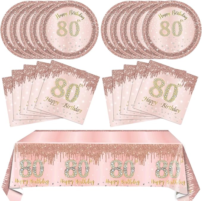 41PCS 80th Birthday Decoration for Women Rose Gold 80 Years Birthday Paper Plates and Napkins Set 80th Birthday Tablecloth for 1946 Decor Cheers to 80 Years Old Birthday Party Favors