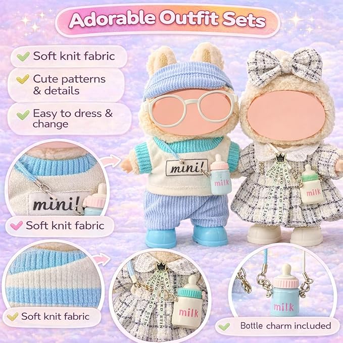 17cm Doll Car Seat and Clothes Set (No Dolls), Includes Doll Seat and 2-Pack Doll Clothes, Perfect for Play and Display, Doll Outfit Accessories for Collectors