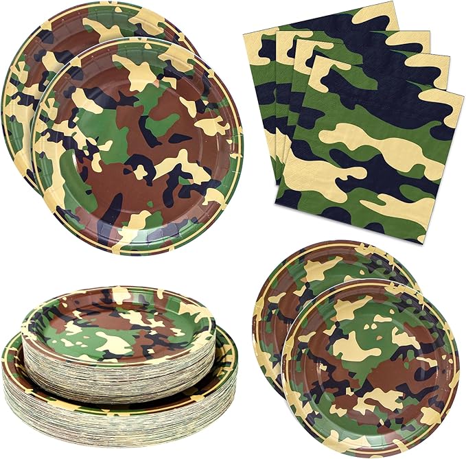 180PCS Camo Birthday Party Supplies Serve 60, Army Camouflage Theme Paper Plates and Napkins Kit for Camouflages Hunting Army Military Civil War Decorations