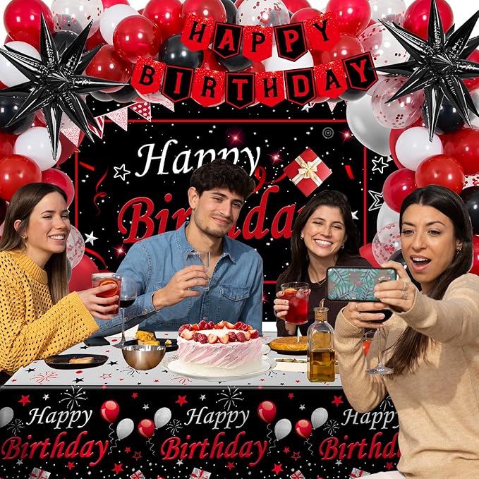 Red Birthday Decorations for Men Women Boys Girls, 75 PCS Red and Black Party Decorations Happy Birthday Backdrop Banner Party Supplies Confetti Star White and Black Balloons Arch Tablecloth