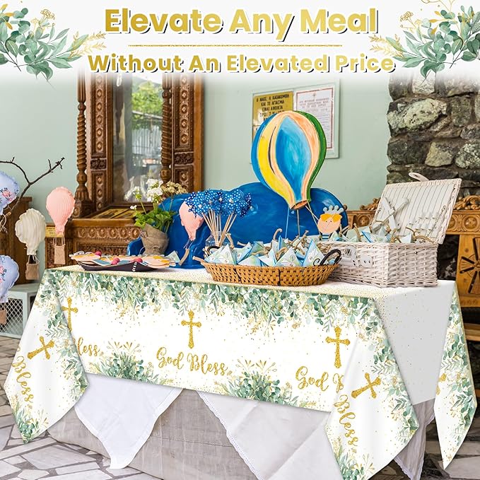 3Pcs God Bless Baptism Tablecloth First Communion Holy Tablecloth Decorations Mi Bautizo Christening Table Cover Disposable Tablecloths for Boys Girls Newborn Baby Shower Party Supplies 54 x 108 inch